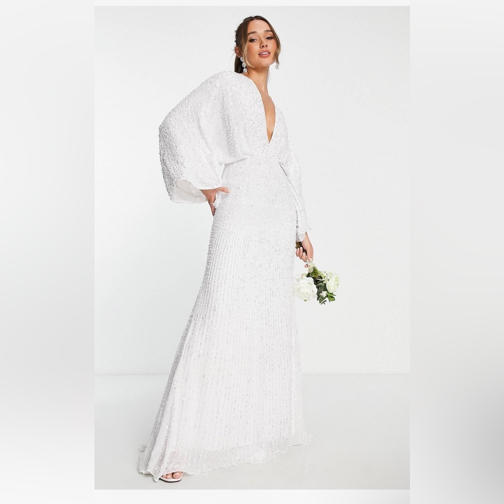 ASOS DESIGN Ciara Sequin Kimono Sleeve Wedding Dress in Ivory